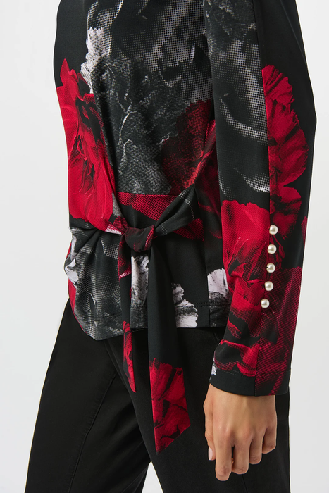 Joseph Ribkoff Black/Red Floral Print Boat Neck Long Sleeves Fitted Top 253301