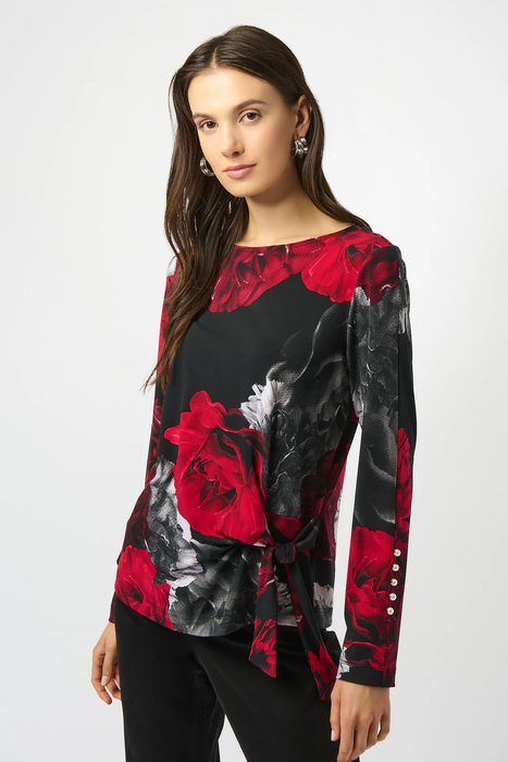 Joseph Ribkoff 253301 Black/Red Floral Print Boat Neck Long Sleeves Fitted Top