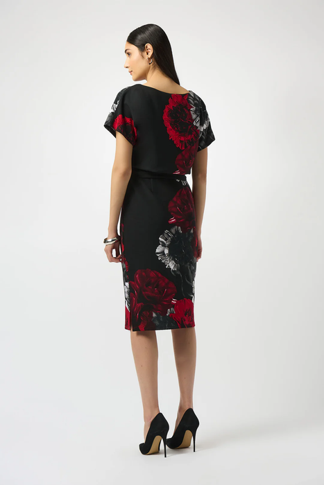 Joseph Ribkoff Black/Red Floral Print Boat Neck Short Sleeve Sheath Dress 253150