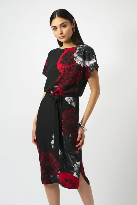 Joseph Ribkoff 253150 Black/Red Floral Print Boat Neck Short Sleeve Sheath Dress