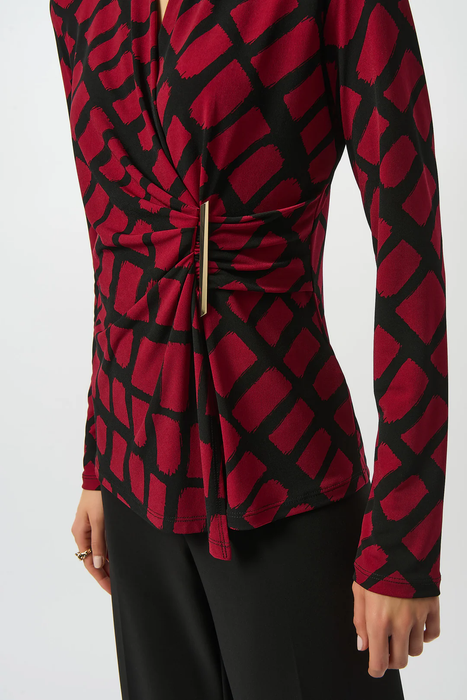 Joseph Ribkoff Black/Red V-Neck Faux Wrap Top 253139