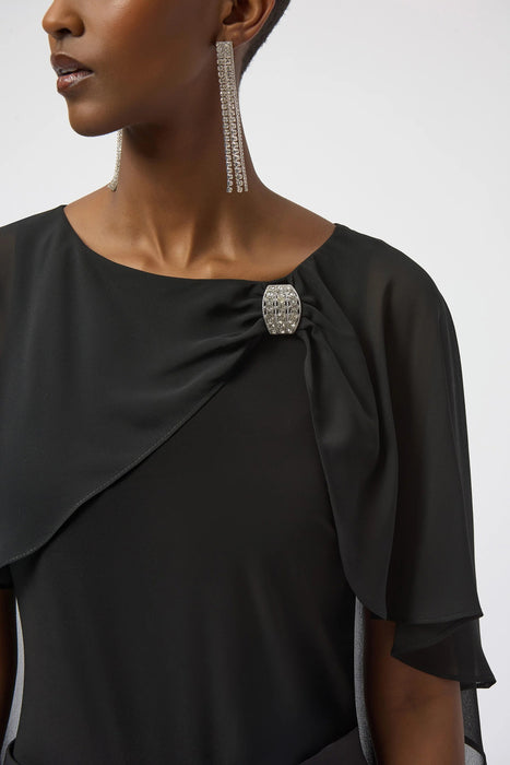 Joseph Ribkoff Black Rhinestone Brooch Chiffon Cape Overlay Top 254021