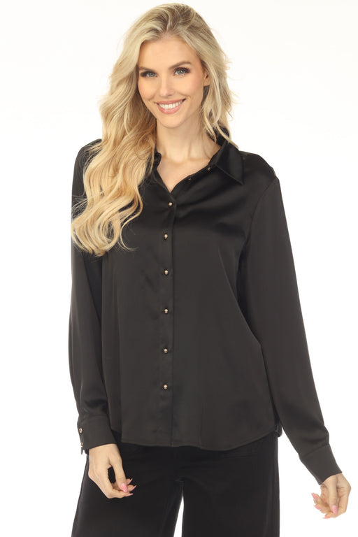 Woman wearing a black satin top with button front and cowl back with rhinestone detail from Joseph Ribkoff