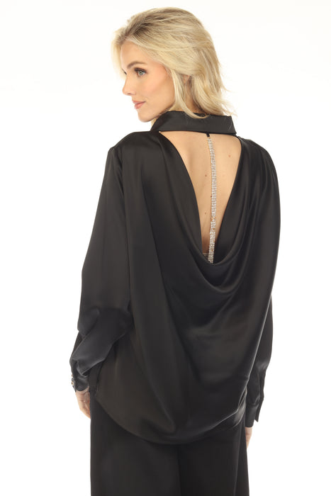 Joseph Ribkoff Black Rhinestone Cowl Back Satin Blouse 254967