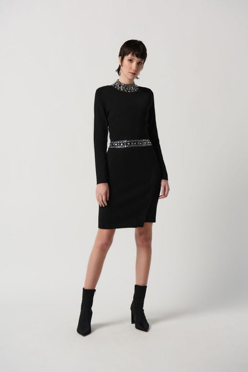 Joseph Ribkoff Style 234918 Black Rhinestone Embellished Wrap Front Sweater Dress