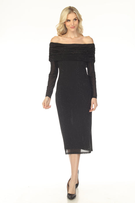 Woman wearing a black midi dress with off-shoulder and rhinestone allover from Joseph Ribkoff