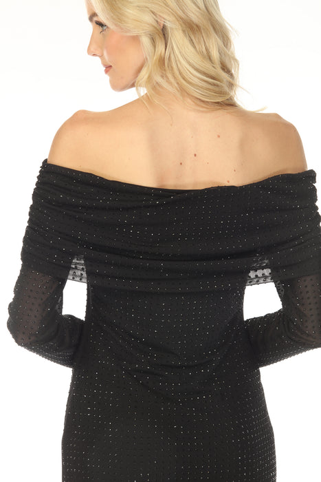 Joseph Ribkoff Black Rhinestone Off-Shoulder Ruched Midi Dress 254913