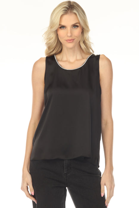 Woman wearing a black satin sleeveless top with rhinestone-trimmed scoop neckline from Joseph Ribkoff