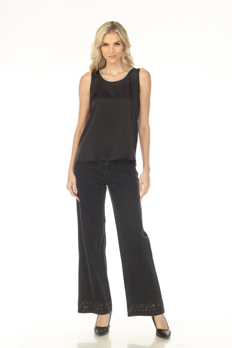 Joseph Ribkoff Black Rhinestone Trim Scoop Neck Satin Top 253744
