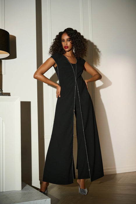 Joseph Ribkoff Black Rhinestone Trim Split Panel Jumpsuit 253757