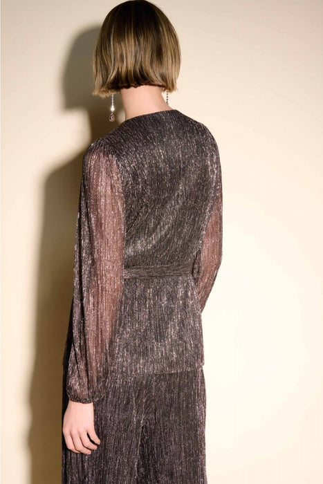 Joseph Ribkoff Black/Rose Gold Shimmery Belted Faux Wrap Long Sleeves Top 233780