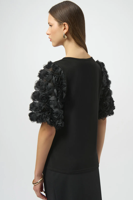 Joseph Ribkoff Black Rosette Embroidered Sleeves Top 254064