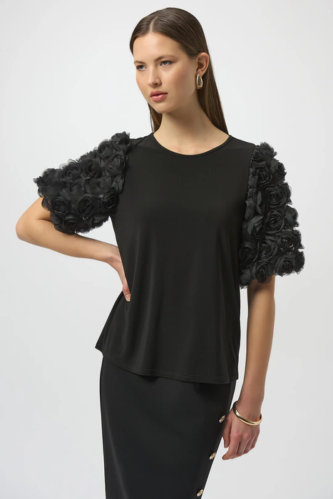 Joseph Ribkoff Black Rosette Embroidered Sleeves Top 254064