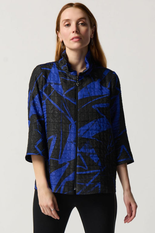 Joseph Ribkoff Style 234107 Black/Royal Sapphire Abstract Print Crinkled Zip-Up Jacket