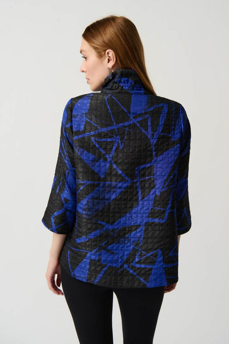 Joseph Ribkoff Black/Royal Sapphire Abstract Print Crinkled Zip-Up Jacket 234107