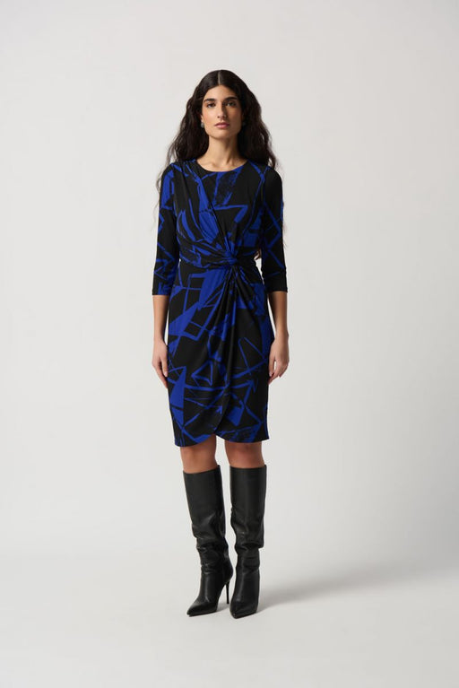 Joseph Ribkoff Style 234059 Black/Royal Sapphire Blue Geometric Twist Front Sheath Dress