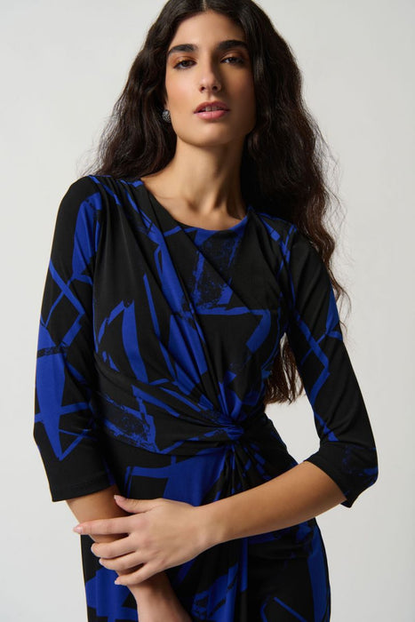 Joseph Ribkoff Black/Royal Sapphire Blue Geometric Twist Front Sheath Dress 234059