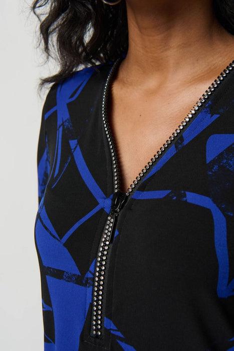 Joseph Ribkoff Black/Royal Sapphire Embellished Zip Front Geometric Print Tunic Top 234279