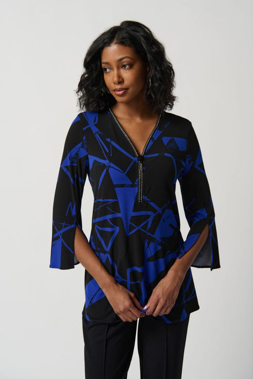 Joseph Ribkoff Style 234279 Black/Royal Sapphire Embellished Zip Front Geometric Print Tunic Top