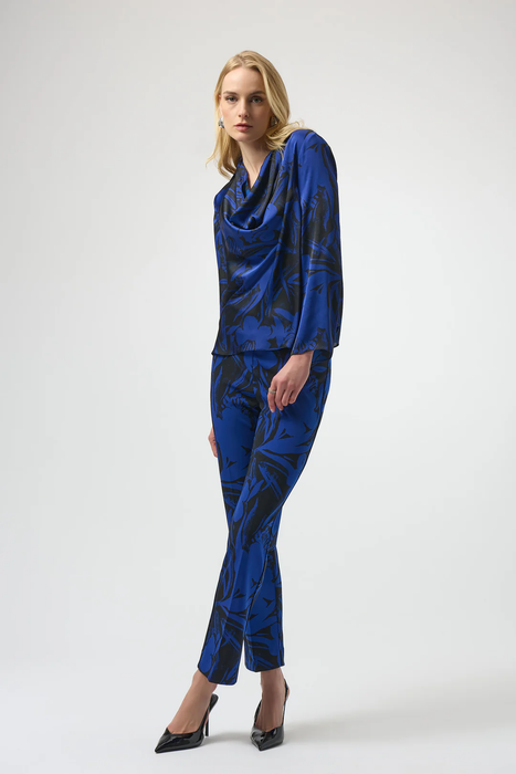 Joseph Ribkoff Black/Royal Sapphire Floral Print Cowl Neck  Long Sleeves Top 254203