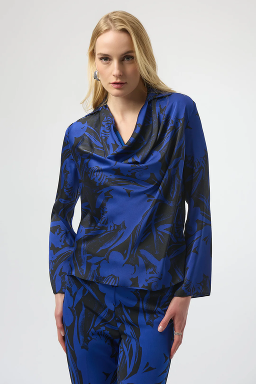 Joseph Ribkoff 254203 Black/Royal Sapphire Floral Print Cowl Neck  Long Sleeves Top