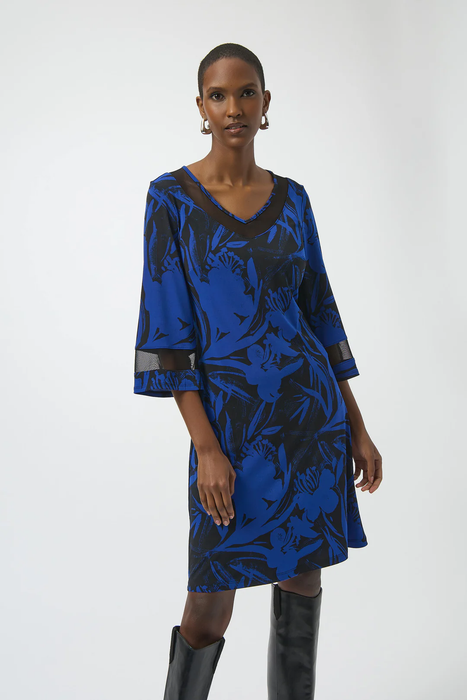 Joseph Ribkoff Black/Royal Sapphire Floral Print V-Neck 3/4 Sleeve A-Line Dress 254208
