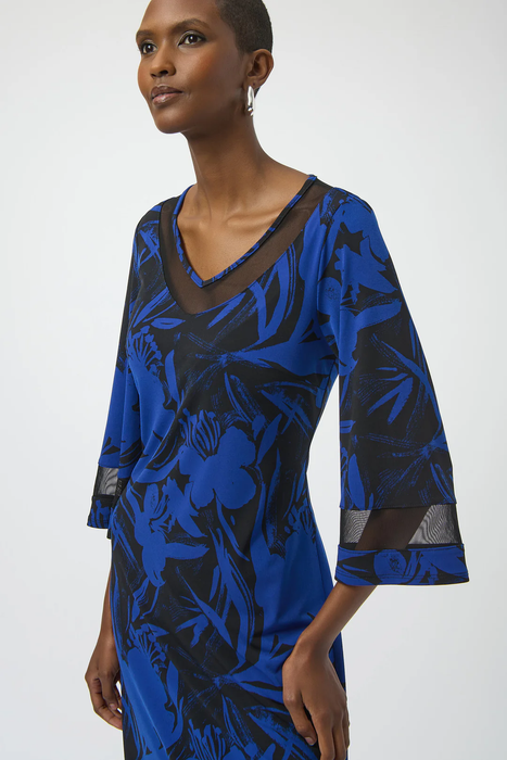 Joseph Ribkoff Black/Royal Sapphire Floral Print V-Neck 3/4 Sleeve A-Line Dress 254208