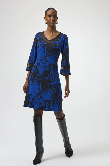Joseph Ribkoff 254208 Black/Royal Sapphire Floral Print V-Neck 3/4 Sleeve A-Line Dress