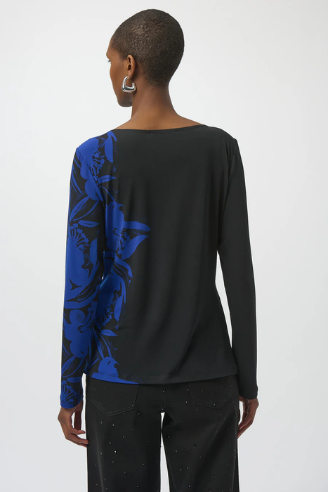 Joseph Ribkoff Black/Royal Sapphire Floral Sapphire Boat Neck Long Sleeves Straight Top 254159