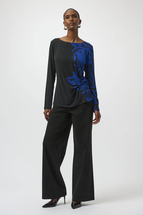 Joseph Ribkoff Black/Royal Sapphire Floral Sapphire Boat Neck Long Sleeves Straight Top 254159