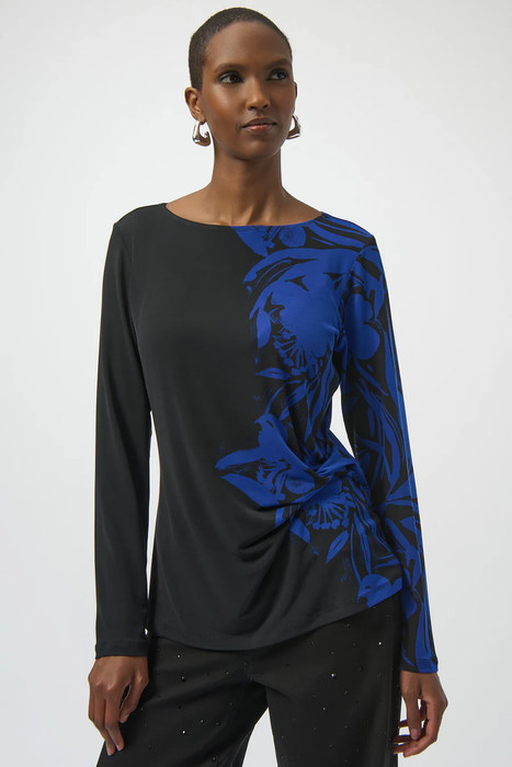 Joseph Ribkoff Black/Royal Sapphire 254159 Floral Sapphire Boat Neck Long Sleeves Straight Top