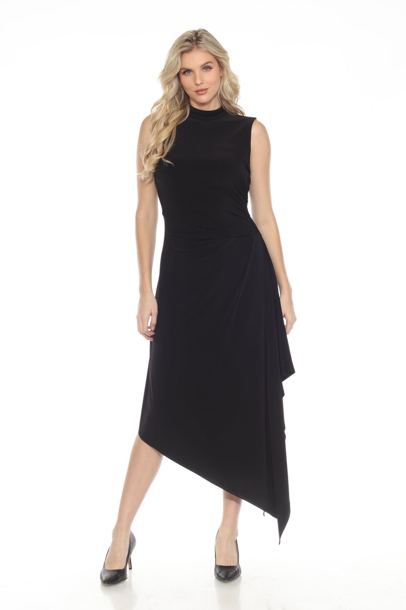 Joseph Ribkoff Black Turtleneck Ruched Asymmetric Midi Dress 244038 ...