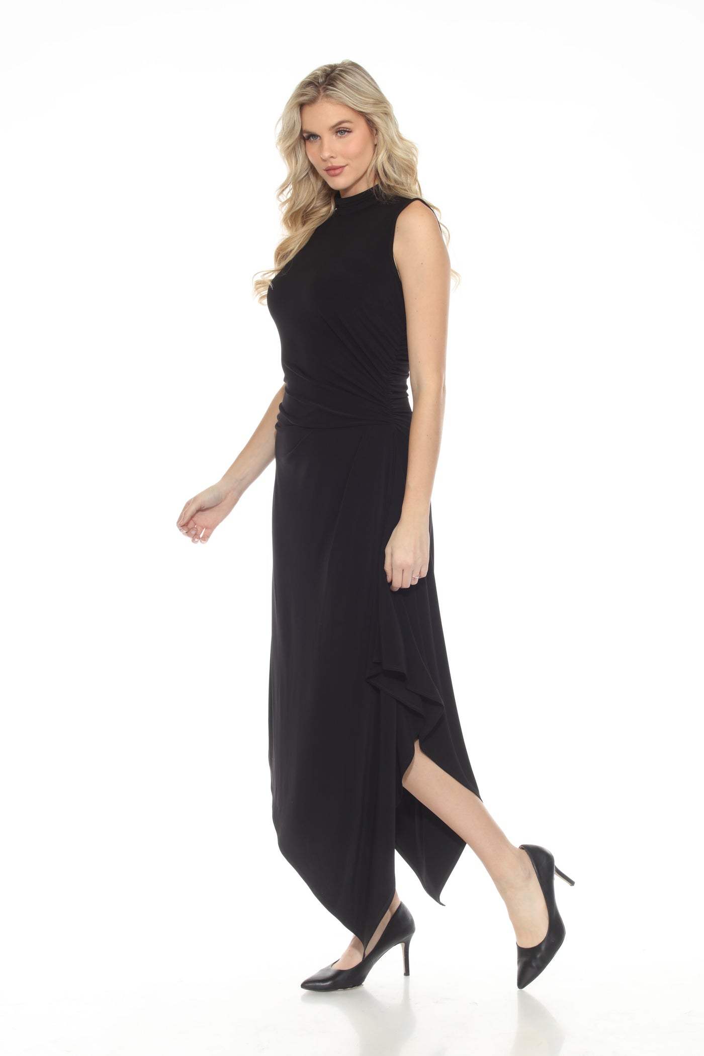 Joseph Ribkoff Black Turtleneck Ruched Asymmetric Midi Dress 244038 ...