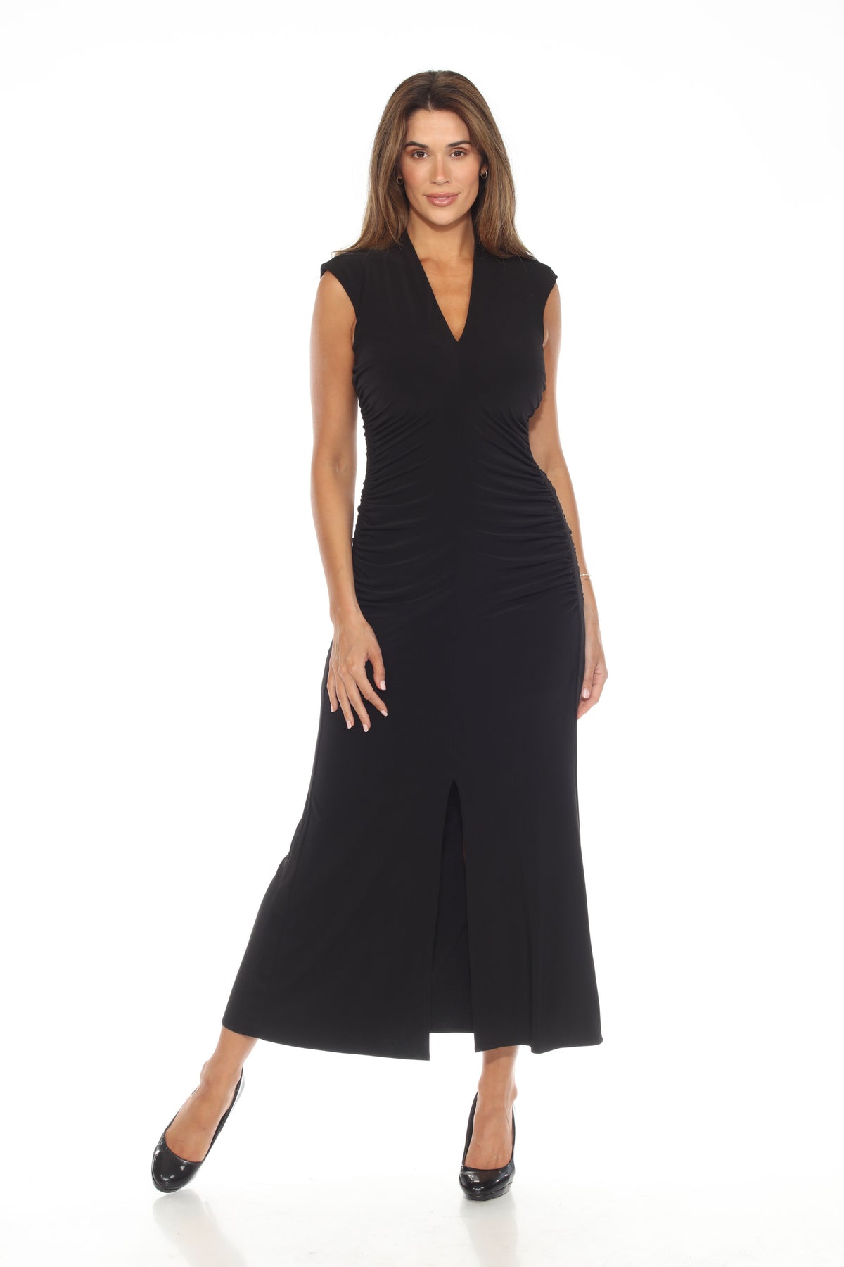 Joseph Ribkoff Black Ruched V-Neck High Slit Long Dress 244132