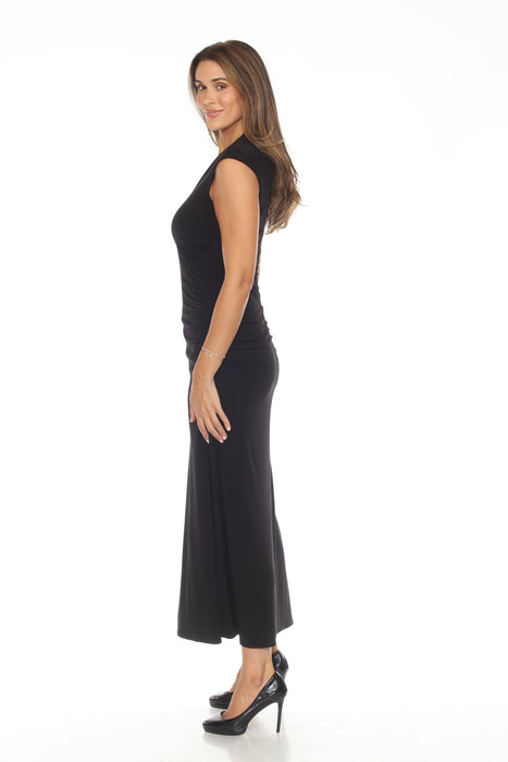 Joseph Ribkoff Black Ruched V-Neck High Slit Long Dress 244132 AfterRetail Joseph Ribkoff Black Ruched V-Neck High Slit Long Dress 244132 AfterRetail