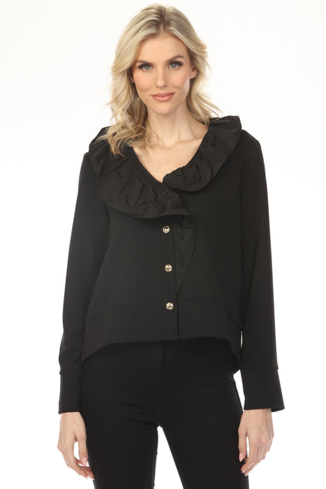 Woman wearing a black long sleeve jacket with ruffled collar and button front from Joseph Ribkoff