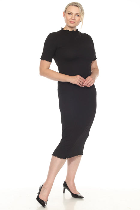 Joseph Ribkoff Style 251261 Black Ruffled Mock Neck Midi Bodycon Dress