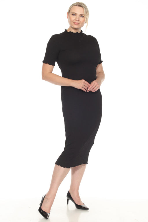 Joseph Ribkoff Style 251261 Black Ruffled Mock Neck Midi Bodycon Dress