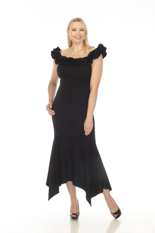 Joseph Ribkoff Style 233741 Black Ruffled Off-Shoulder Flowy Asymmetric Evening Dress