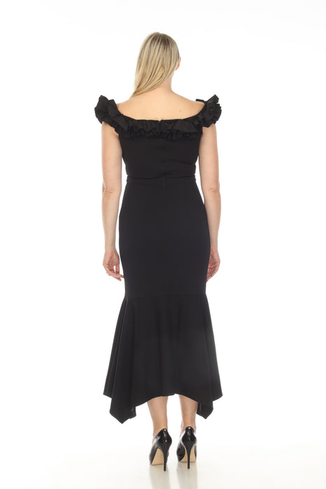 Joseph Ribkoff Black Ruffled Off-Shoulder Flowy Asymmetric Evening Dress 233741