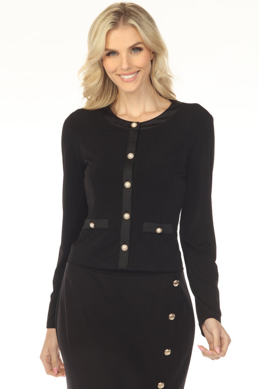 Woman wearing a black jacket with atin trim and pearl buttons from Joseph Ribkoff