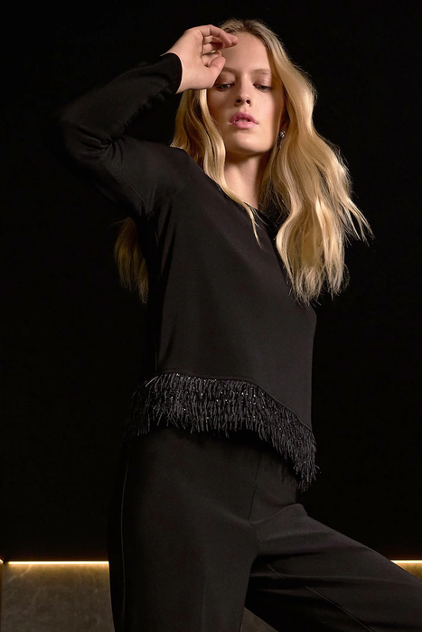 Joseph Ribkoff Black Scoop Neck Fringe Hem Long Sleeves Top 254148