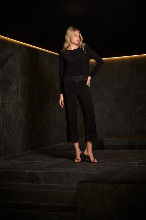 Joseph Ribkoff Black Scoop Neck Fringe Hem Long Sleeves Top 254148