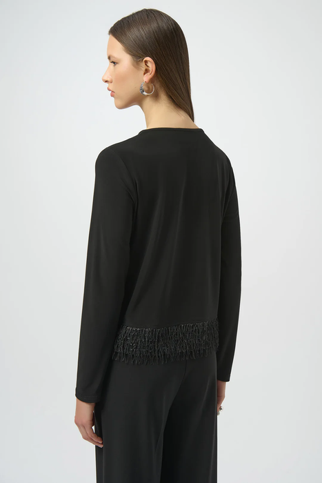 Joseph Ribkoff Black Scoop Neck Fringe Hem Long Sleeves Top 254148