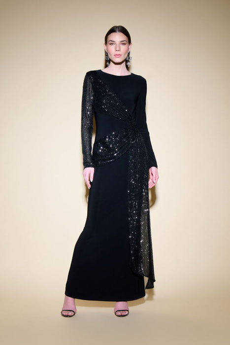 Joseph Ribkoff Style 234717 Black Sequined Draped Long Sleeve Maxi Dress