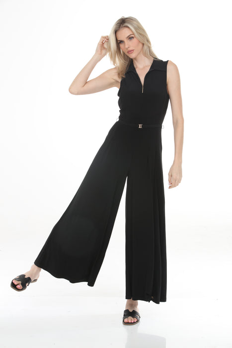 Joseph Ribkoff Black Silky Knit Zip Neckline Wide-Leg Jumpsuit 262617