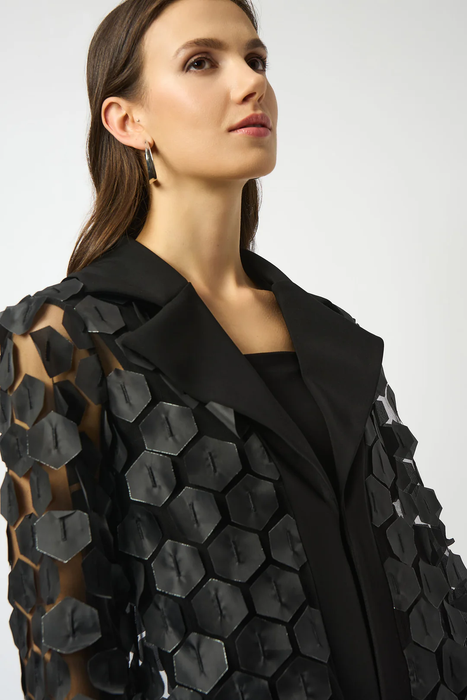 Joseph Ribkoff Black/Silver Collared Embroidered Mesh Trapeze Jacket 253089