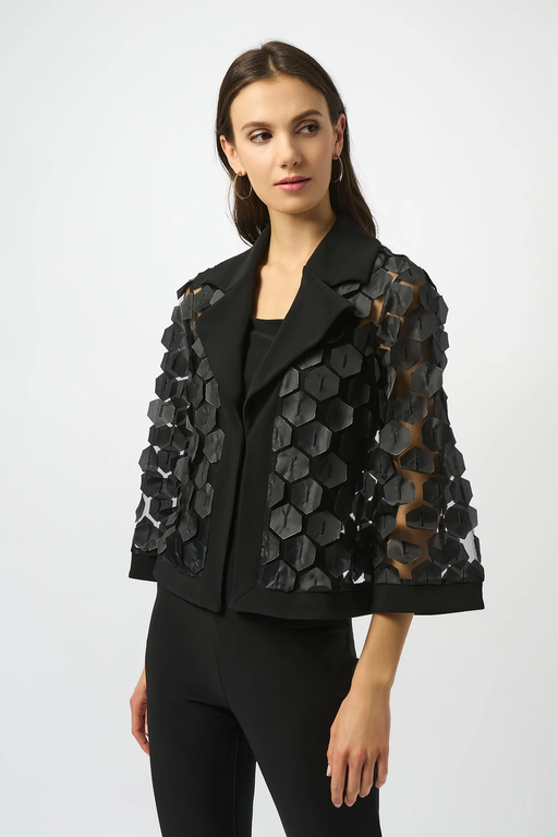 Joseph Ribkoff 253089 Black/Silver Collared Embroidered Mesh Trapeze Jacket