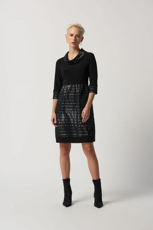 Joseph Ribkoff Style 233158 Black/Silver Metallic Stripes 3/4 Sleeve Cocoon Dress