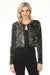 Woman wearing a black sequin cropped jacket with long sleeves from Joseph Ribkoff